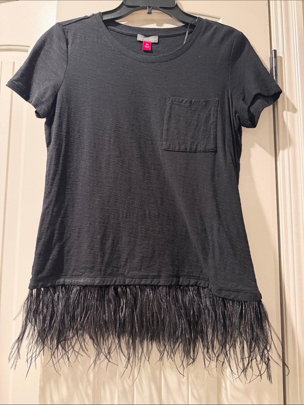 Vince Camuto Black Feather Trim Short Sleeve Top